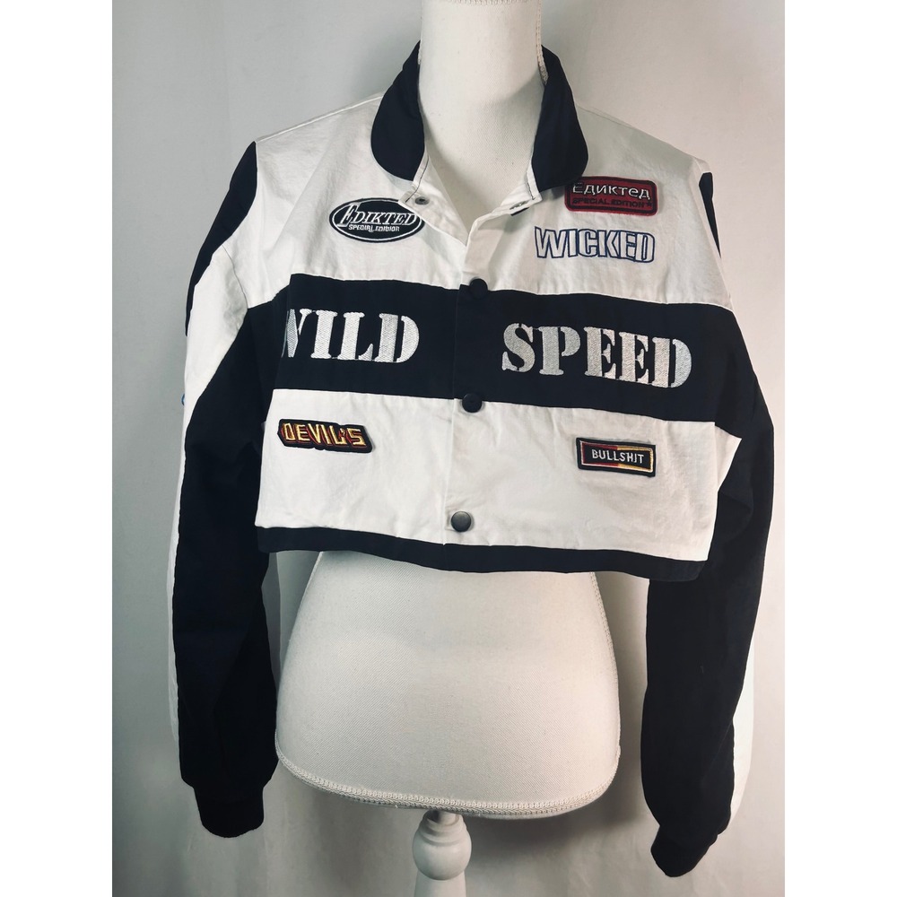 Edikted Wild Speed Cropped Racing Jacket‎ Black White Patch Windbreaker Womens L